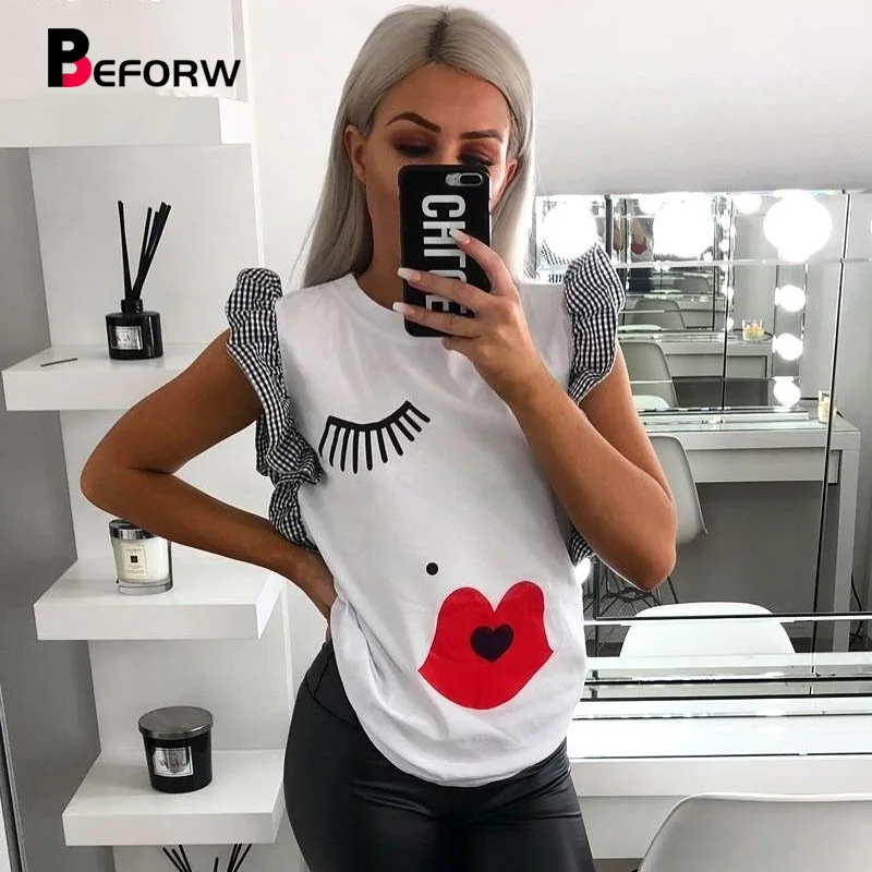 

BEFORW Fashion Women Pretty Lashes Red Lips Print T Shirt Summer O Neck Elegant Ruffles White T Shirts Womens Casual Tops Tees