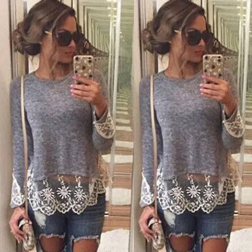 Women-039-s-Blouse-Loose-Long-Sleeve-Cotton-Casual-Shirt-Grey-Lace-Blouse-Size-S-XL