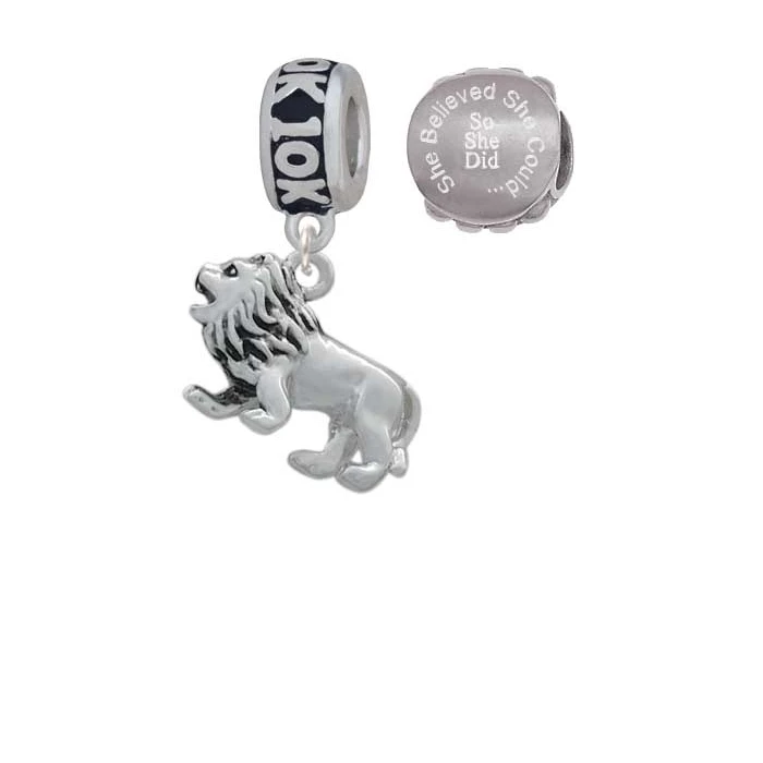 Silvertone 3-D Lion 10K Run She Believed She Could Charm Beads (Set of 2)