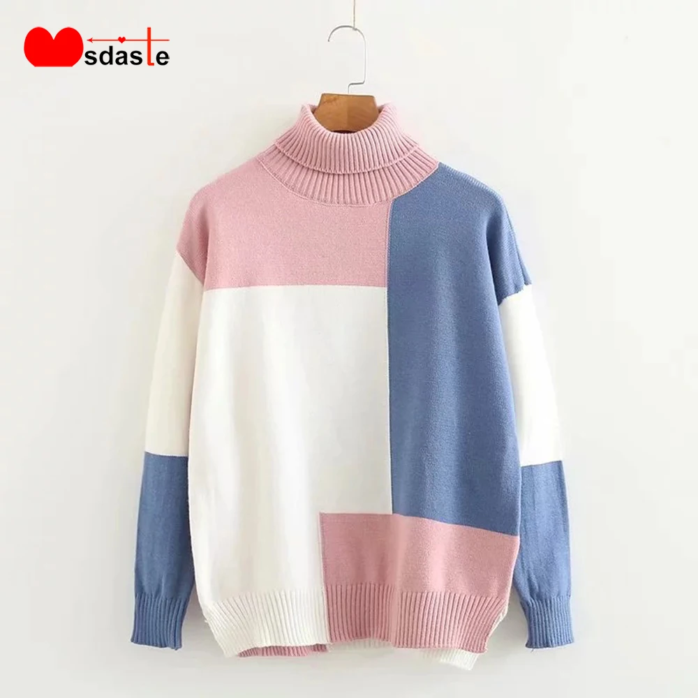 

Pullovers Sweaters Women 2019 Autumn Winter Patchwork Female Sweters Tops Pull Femme Casual Pullover Womens Turtleneck Sweater