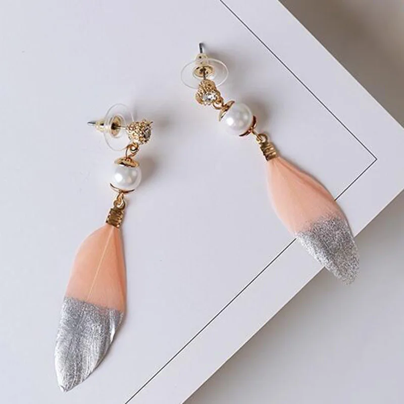 

Bohemian Mix Color Feather Drop Earrings for Women Gold Silver Color Fashion Simulated Pearl Earrings Ear Drops Jewelry 5A1003