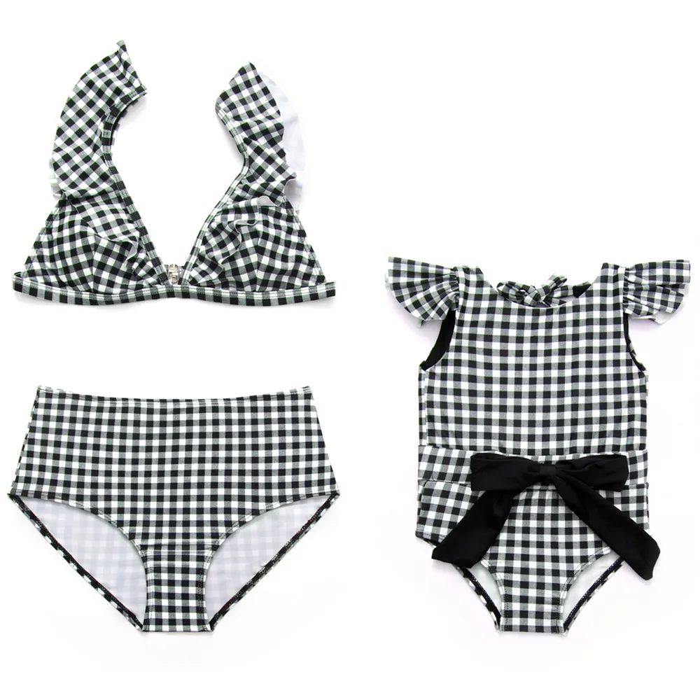 Mom Baby Swimwear Women Vintage One Piece Swimsuit Ruffle Plaids Checked Monokini Bodysuit Kids