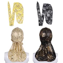 Модные мужские шелковистые тюрбан шляпа банданы Роза цветочный принт мужские атласные дюраг длинные ремни волны кепки аксессуары для волос