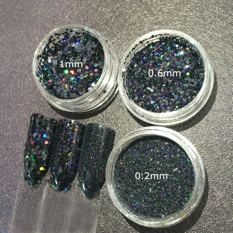 

3 Jars BLACK Holographic Sequins Chrome Unicorn Pigment 3D Laser Nail Glitter for Gel Nail Polish Decoration DIY 0.2mm to 1mm