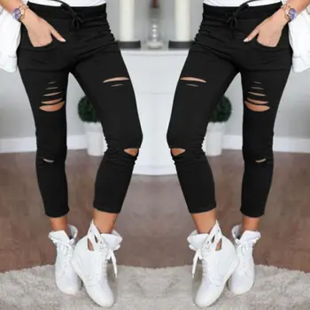 

New Fashion Women Casual Skinny Stretch Slim Fit Pencil Pants Trousers New Stylish Drawstring Skinny Hole Leggings