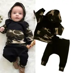Модные камуфляжные новорожденных одежда для малышей Обувь для мальчиков малышей с капюшоном Топы корректирующие Длинные брюки Комплекты