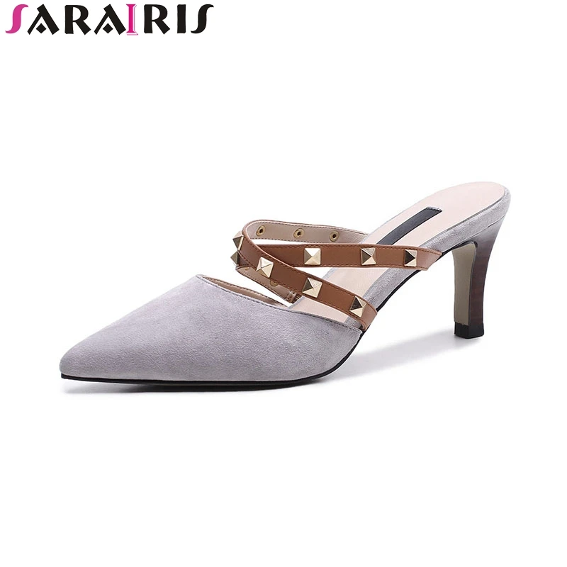 

SARAIRIS 2018 Kid Suede Slip On Thin High Heels Women Shoes Woman Pointed Toe Mules Pumps Woman Shoes Size 34-39
