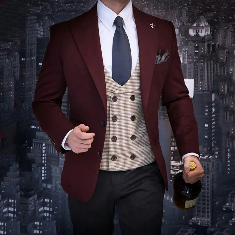 

Italian Burgundy Men Suits Pants Groom Wedding Tuxedo Terno Masculino Slim Fit Costume Homme 2Piece Groomsmen Blazers Prom Party