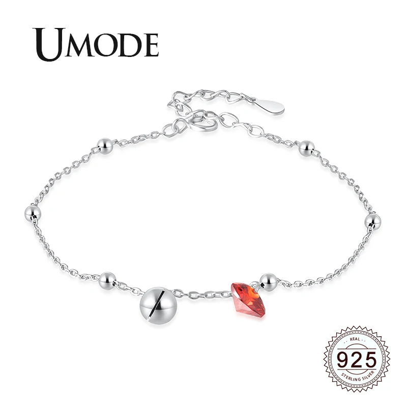 

UMODE 2019 925 Sterling Silver Red Heart Zircon Diamond Bracelets for Women Bead Bracelet Jewelry Adjustable Link Chain ALB0138