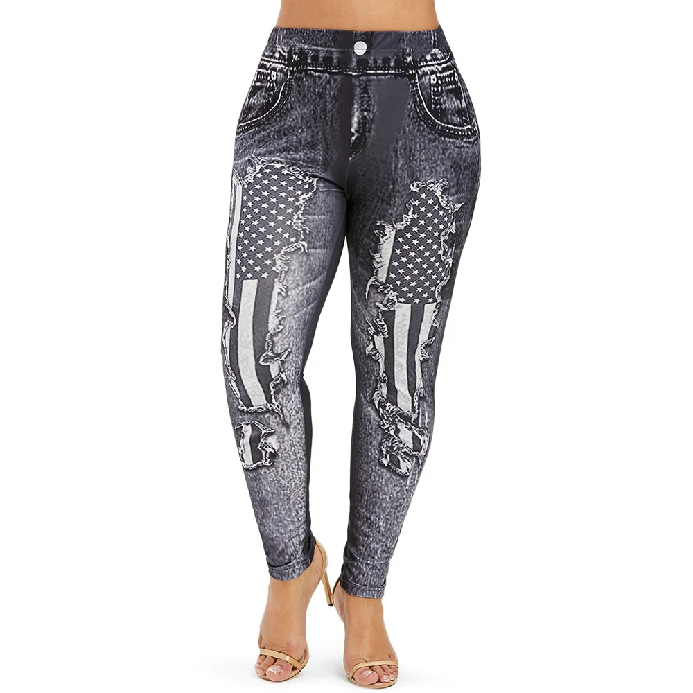 

20pcs Plus Size Skinny Jeans Printing Leggings Push Up Elastic High Waist Legging Breathable Slim American Flag Vintage Pants