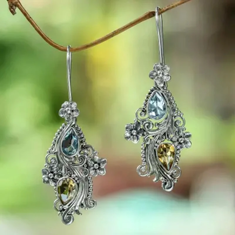 

Tisonliz Vintage Flower Water Drop Crystal Drop Earrings For Women Dangle Earrings Antique Crystal Hook Earring Fashion Jewelry