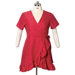 Платье большого размера с v-образным вырезом, с красной волной, с коротким рукавом, длинное, вечернее, Пляжное платье, сарафан, красное