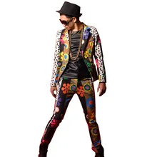 Яркий цветочный принт сращивания для мужчин Slim Fit повседневный костюм куртка блейзеры пальто мужской танцор певец DJ Мода сценические костюмы на заказ