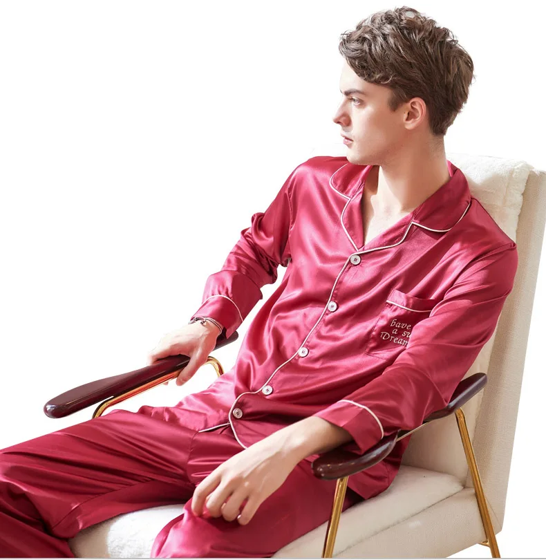 CherLemon Премиум Шелковый Атлас пижамный комплект пары красные свадебные пижамы влюбленных осень ночные рубашки мужские мягкие гладкой
