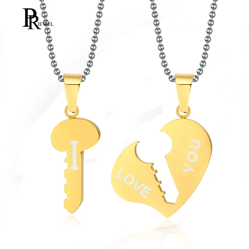 

His and Hers Stainless Steel Gold Lock Key Puzzle I LOVE YOU Heart Pendant Couple Necklaces