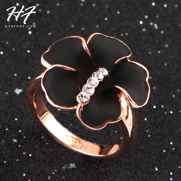 

Top Quality Black Camellia Ring Rose Gold Color Austrian Crystals Full Sizes Wholesale R099 R263