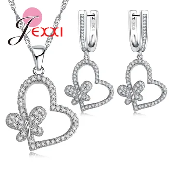 

Romantic Sweat Heart Shape Inlaid Butterfly New Design Crystal Jewelry Set Hot Sell 925 Sterling Silver Necklace Earrings