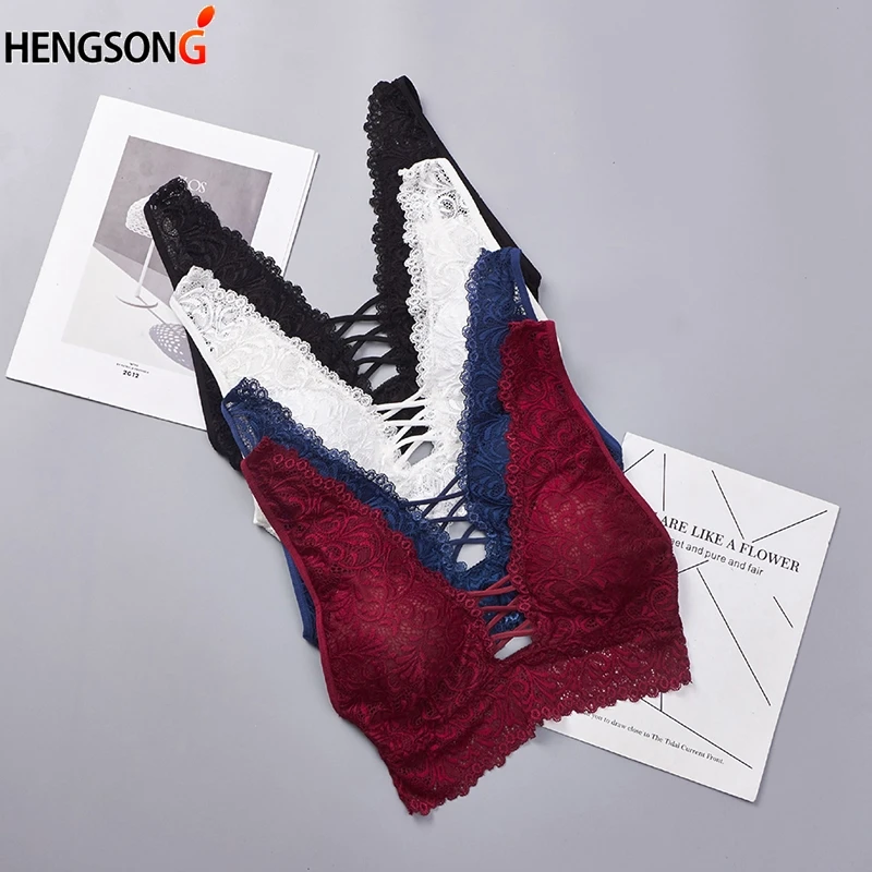 

Women Sleeveless Crop Tops Sexy Lace Bra Tanks Tops New 2019 Fashion Deep V-Neck Lace-Up Vest Camisole