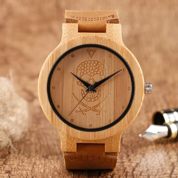 

Handmade Natural Bamboo Wood Quartz Watch Boys Pirate Skull Roman Numbers Simple Mens Wristwatch Student Hour Steam Gift