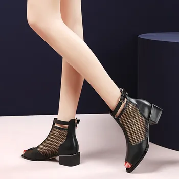 

fashion Womens Ankle Boots Mesh shoes Leather High heel Summer Boots peep toe Lady Cool boots Breathable Women's footwear
