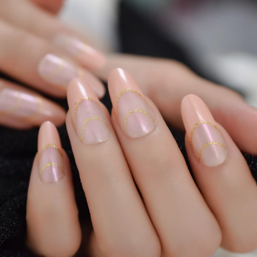 

Nude Pink French Acrylic False Nails Pure Transparent Artificial Nail Tips with Glitter Smile Line Oval Faux Nails