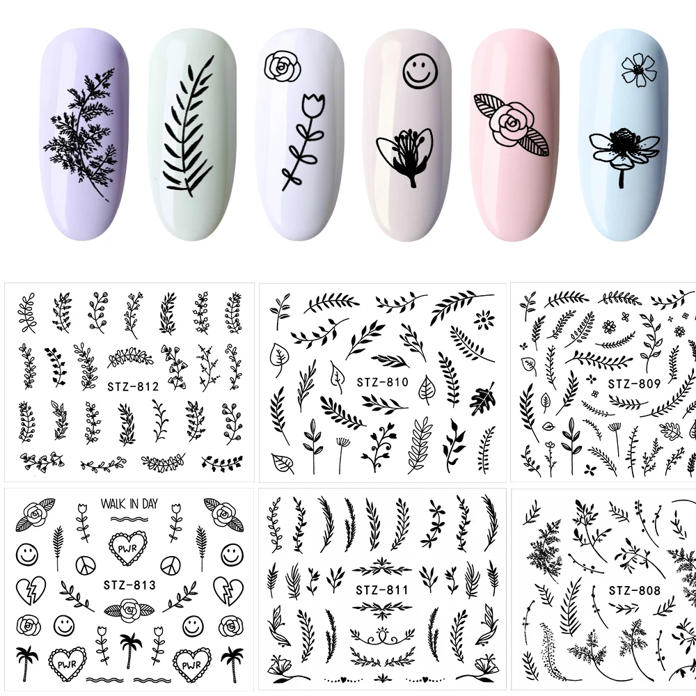 

For Manicure Wraps Black Leaf Nail Sticker Flower Water Transfer Decal Slider Nail Art Decoration Temporary Tattoos Foils Tips