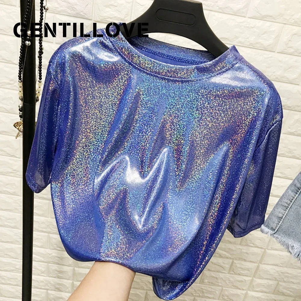 Модная Блестящая футболка Gentillove женские ретро футболки с коротким рукавом и