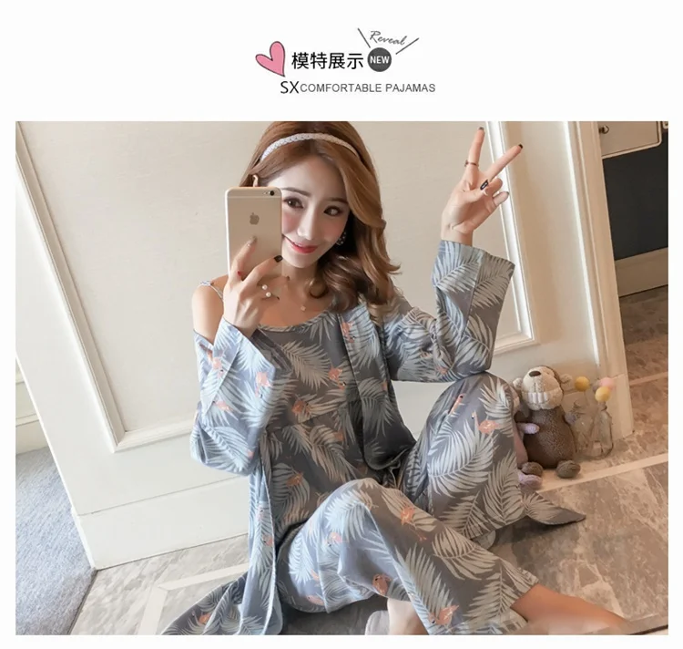 robes femme impressão pijamas homewear mujer três peças conjunto