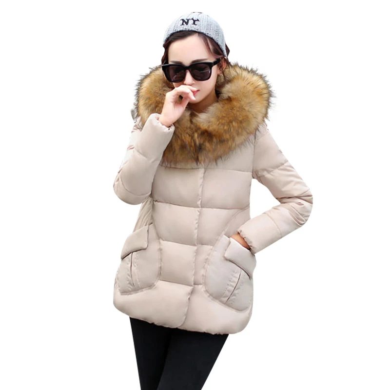 2017 women winter warm faux fur coat down Cotton jacket Women Faux fur collar Thick hooded