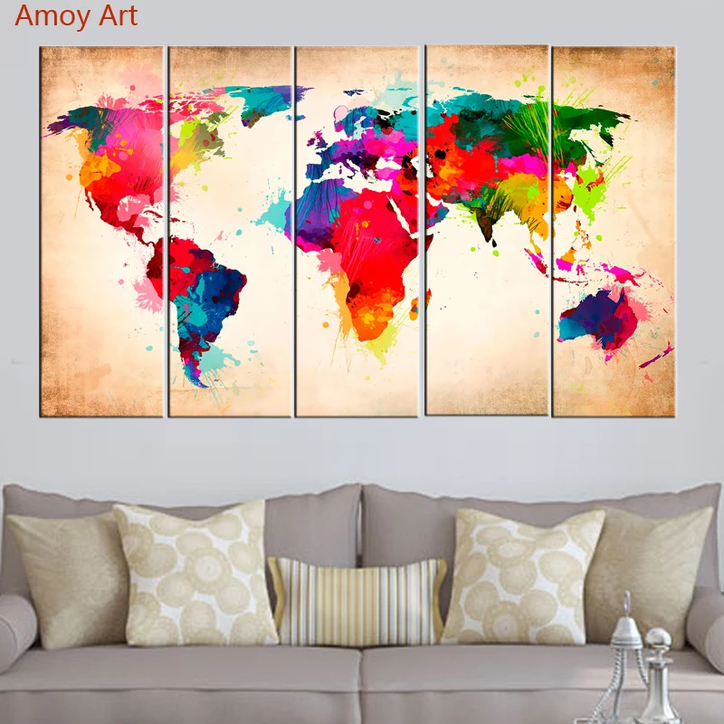 5 Panels Wall Art Modern Map Art Picture Canvas Painting Picture Home Wall Decor