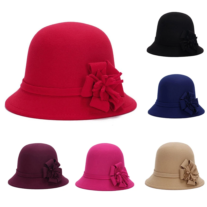 1 PC 6 Colors Women Autumn Winter Wool Felt Hat Flowers Hat Ladies
