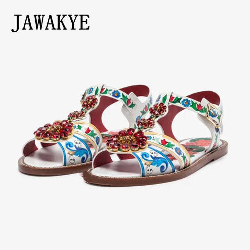

Plus Size Red Crystal Flower Embellished Flat Sandals Summer Blue Printing Bohemian Beach Shoes Women