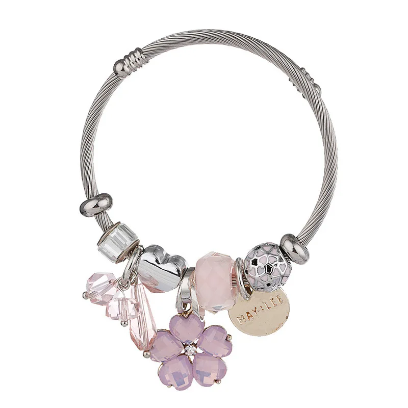 

Join.Y Bracelets For Women Stainless Steel Bangles Crystal Four-leaf Clover Circle Bracelet Flower Silver Red Armband Love