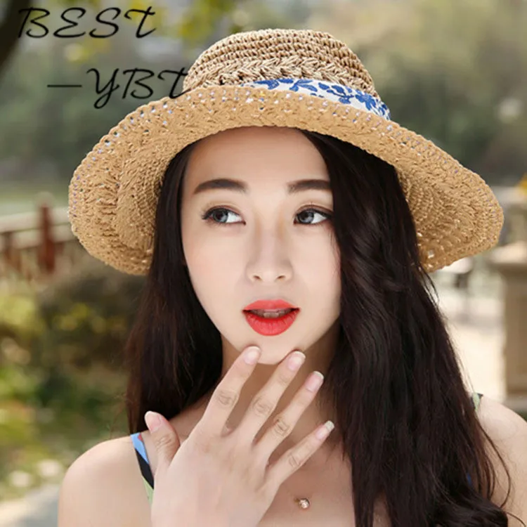 Корейская летняя новая синяя и белая фарфоровая Ручная шляпа с бантом Соломенная пляжная шляпа с защитой от воздействия УФ-излучения
