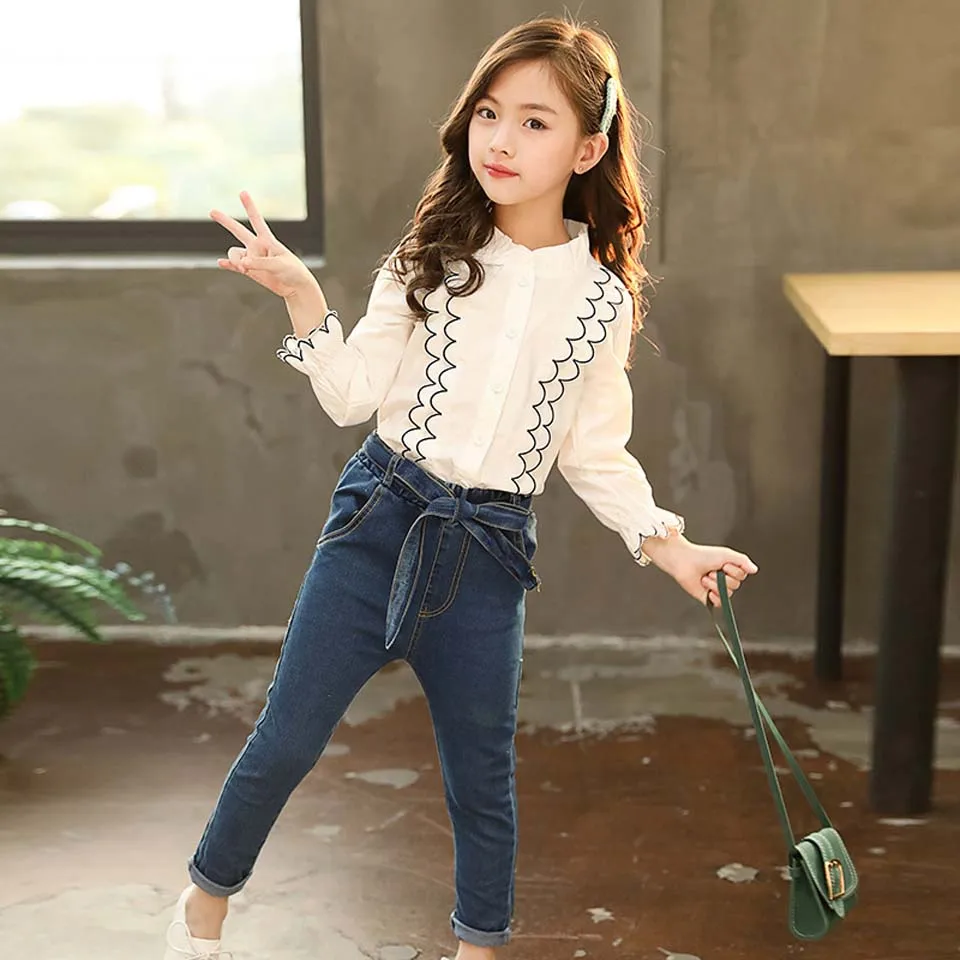 

2019 High Quality Princess Girl Embroidery Clothing Long Sleeve Shirt Tops+Bow Jeans Pants Toddler Outfits 2Pcs Set 4-12 Years