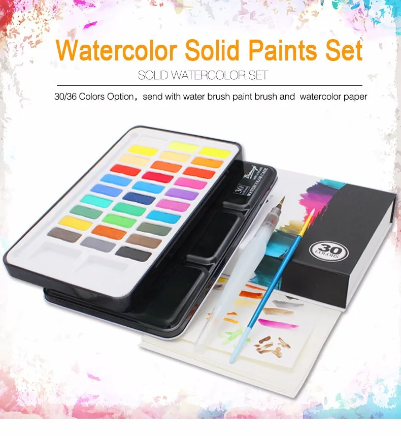 Bianyo 30 Colors Artist Watercolor Solid Paints Set For Portable Outdoor Sketch Soluble Brush Child