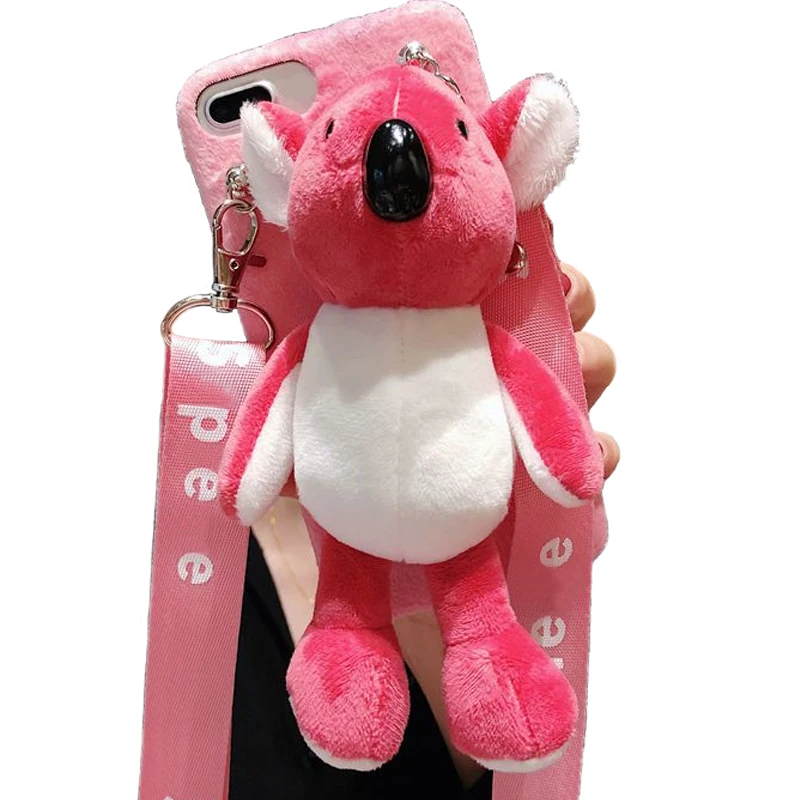 

Cartoon Doll Toy Koala Phone Case, 3d Cute Stripes Plush Strap Koala Soft Cover with Bracket Stand for iPhone 7 8 Case Cover
