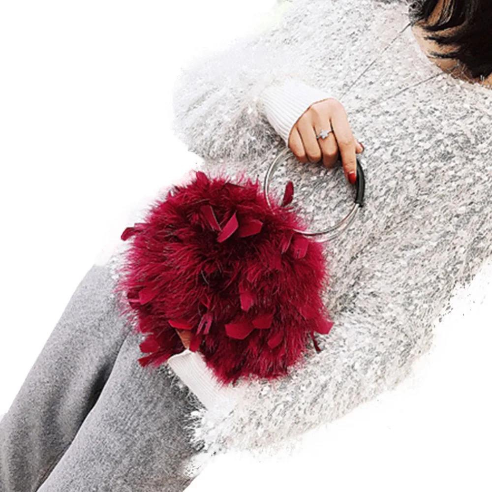 

SFG HOUSE Furry Crossbody Bag for Women 2018 Circle Shoulder Bag Fashion Ostrich Feather Chain Bag Lady Round Handbag