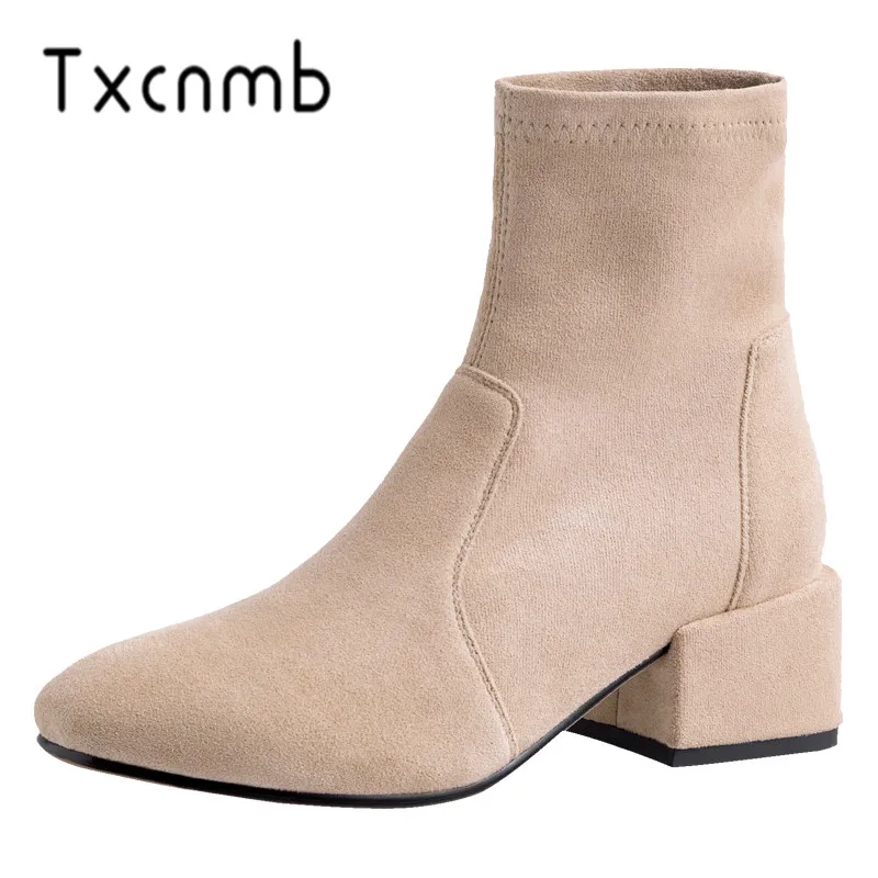 

TXCNMB 2019 Black Boots Women Ankle Boots for Women Winter Kid Suede Leather High Heel Shoes Woman Black Pink