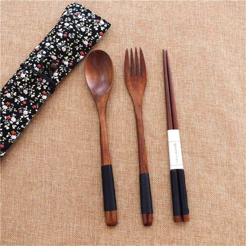 

3PCS Wooden Dinnerware Set Bamboo Kitchen Cooking Utensil Tool Soup Teaspoon Fork Tableware Sets DA