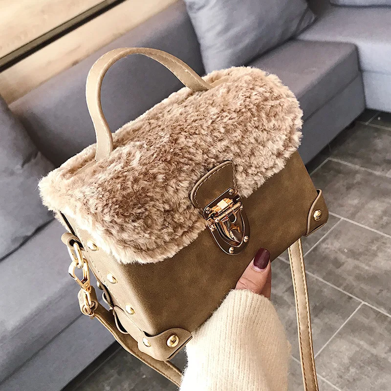 

High Quality Pu Leather Stitching Plush Retro Buckle Box Type Women's Handbag Shoulder Bag Crosssbody Mini Messenger Bag Bolsa