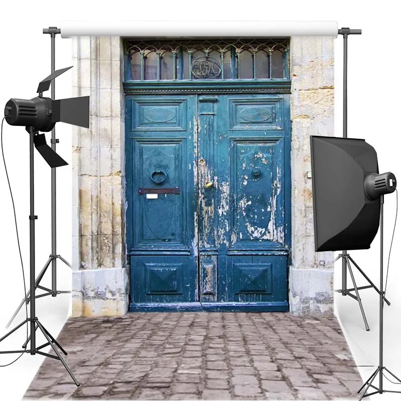 

Blue Door Vinyl Photography Background For Wedding Brick Ground New Fabric Flannel Backdrops for Children photo studio F2597
