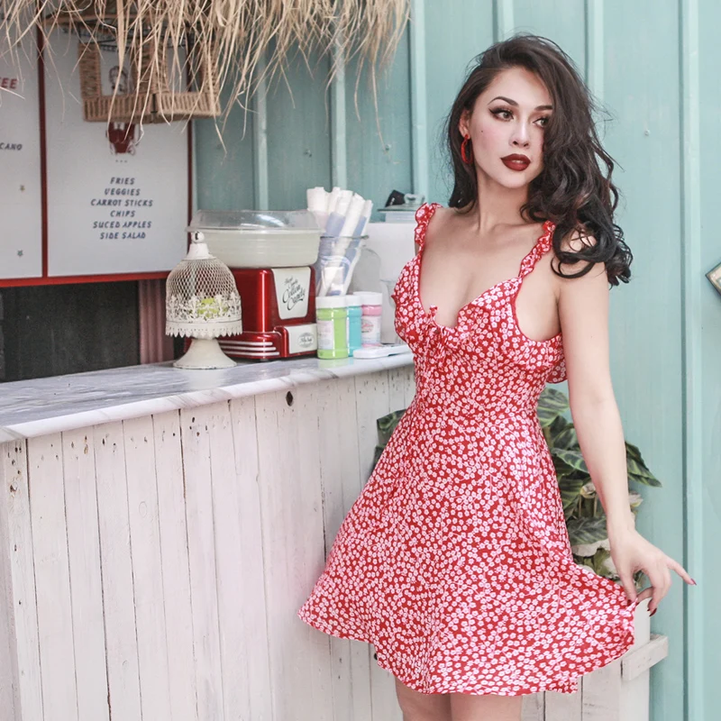 2018 Summer Vintage Sweet Ruffles Chiffon Dress Slim High Rise Type