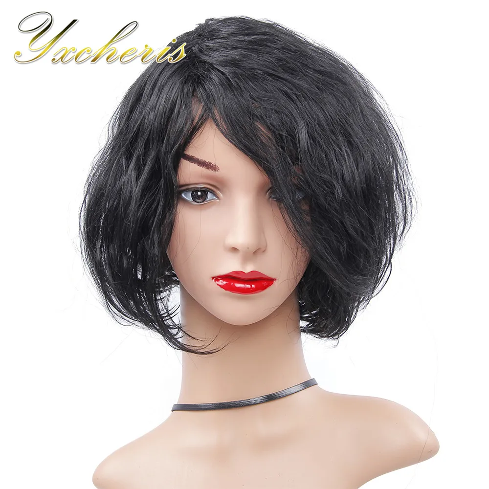 YXCHERISHAIR Short Synthetic Wigs 12" Black Brown 4 Colors Wavy Costume Wig for Black Women