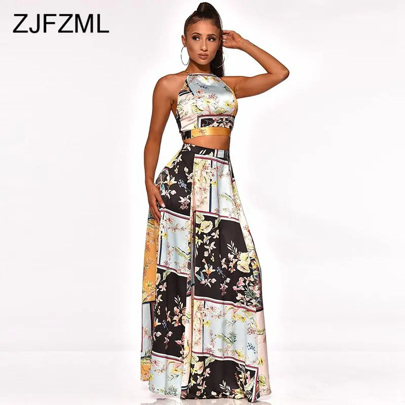 

Floral Print Sexy Two Piece Set Women's Clothing Off Shoulder Backless Crop Top+Double Side High Split Maxi Skirts Club Outfits