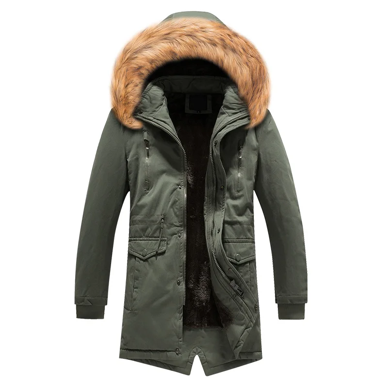 Модная зимняя мужская куртка высокого качества с меховым воротником, толстая теплая парка, мужское длинное пальто, ветрозащитный Тренч, бархатная Повседневная Верхняя одежда - Цвет: Армейский зеленый