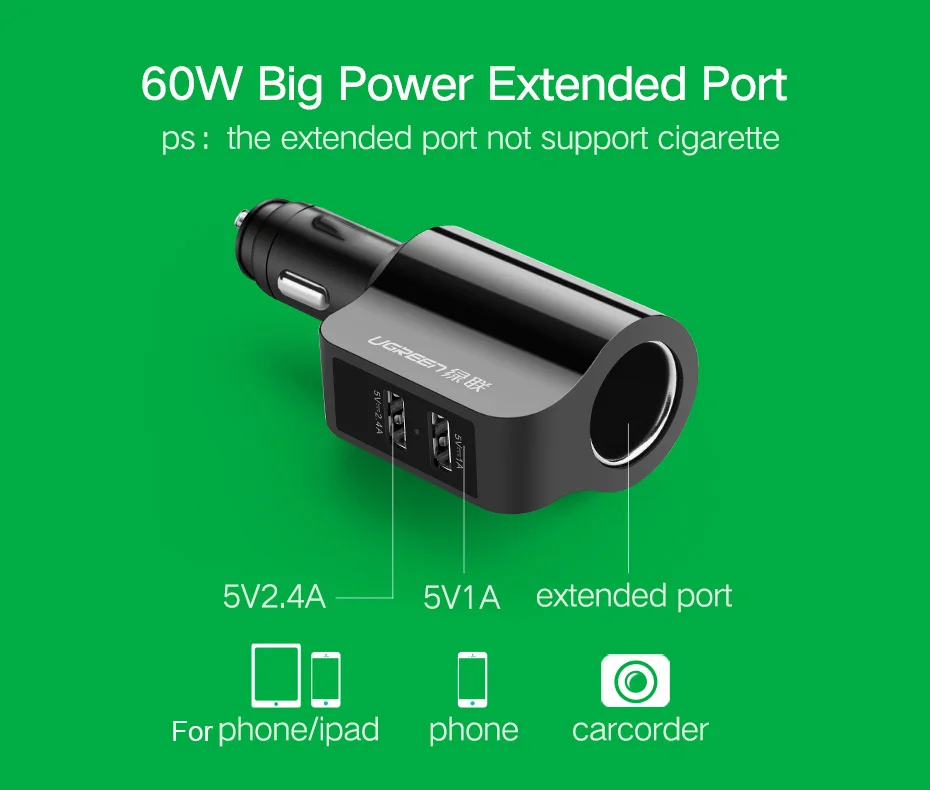 Ugreen расширение автомобильное зарядное устройство для телефона для iPhone X 8 7 6 Plus USB Авто адаптер для iPad Xiaomi Mi6 Mi5 samsung S8 S7 S6 Edge LG G6