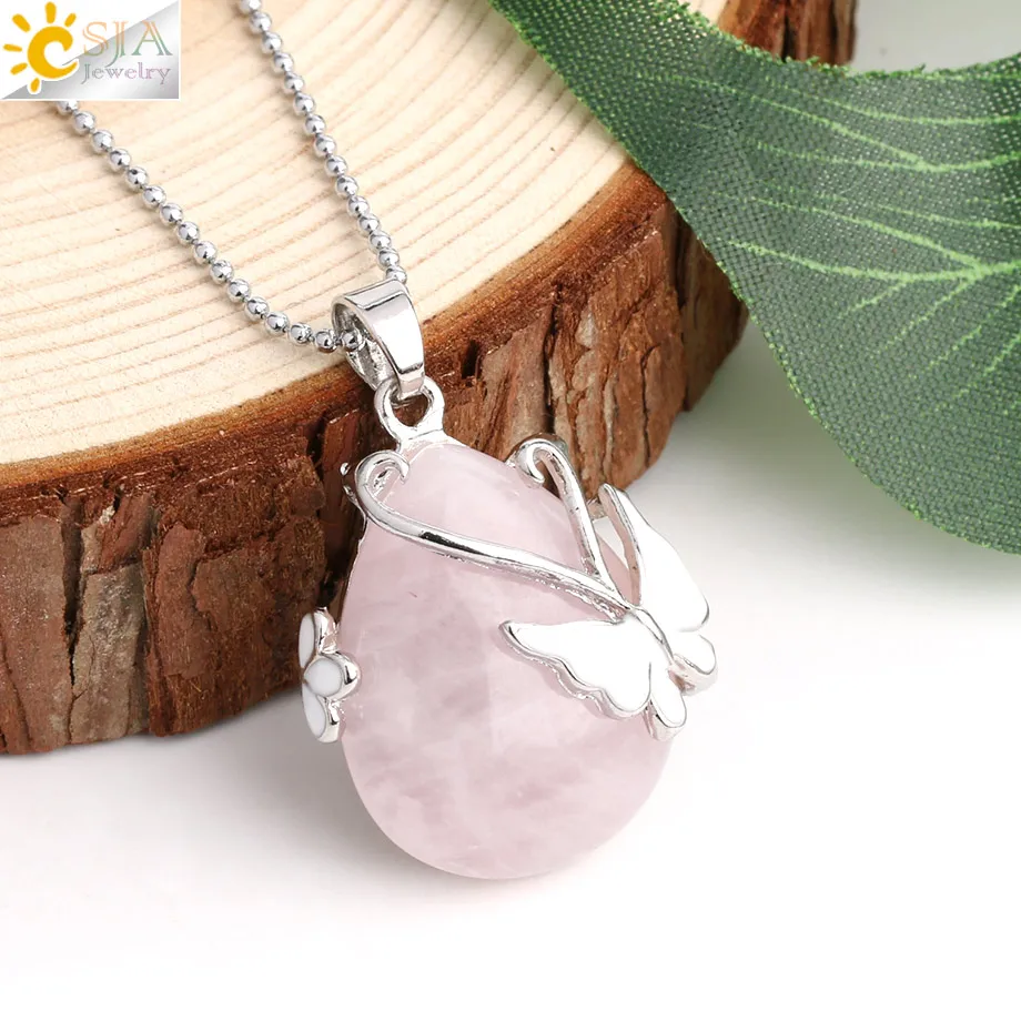CSJA Water Drop Natural Stone Pendant Pink Quartz Purple Crystal Tiger Eye Butterfly Flower Pendants Necklace for Women Men G082