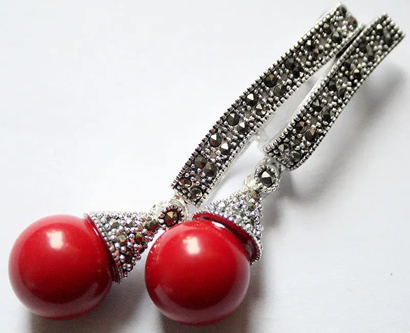 

12mm Two Round Red Coral 925 Sterling Silver Marcasite Pendant 58*20mm