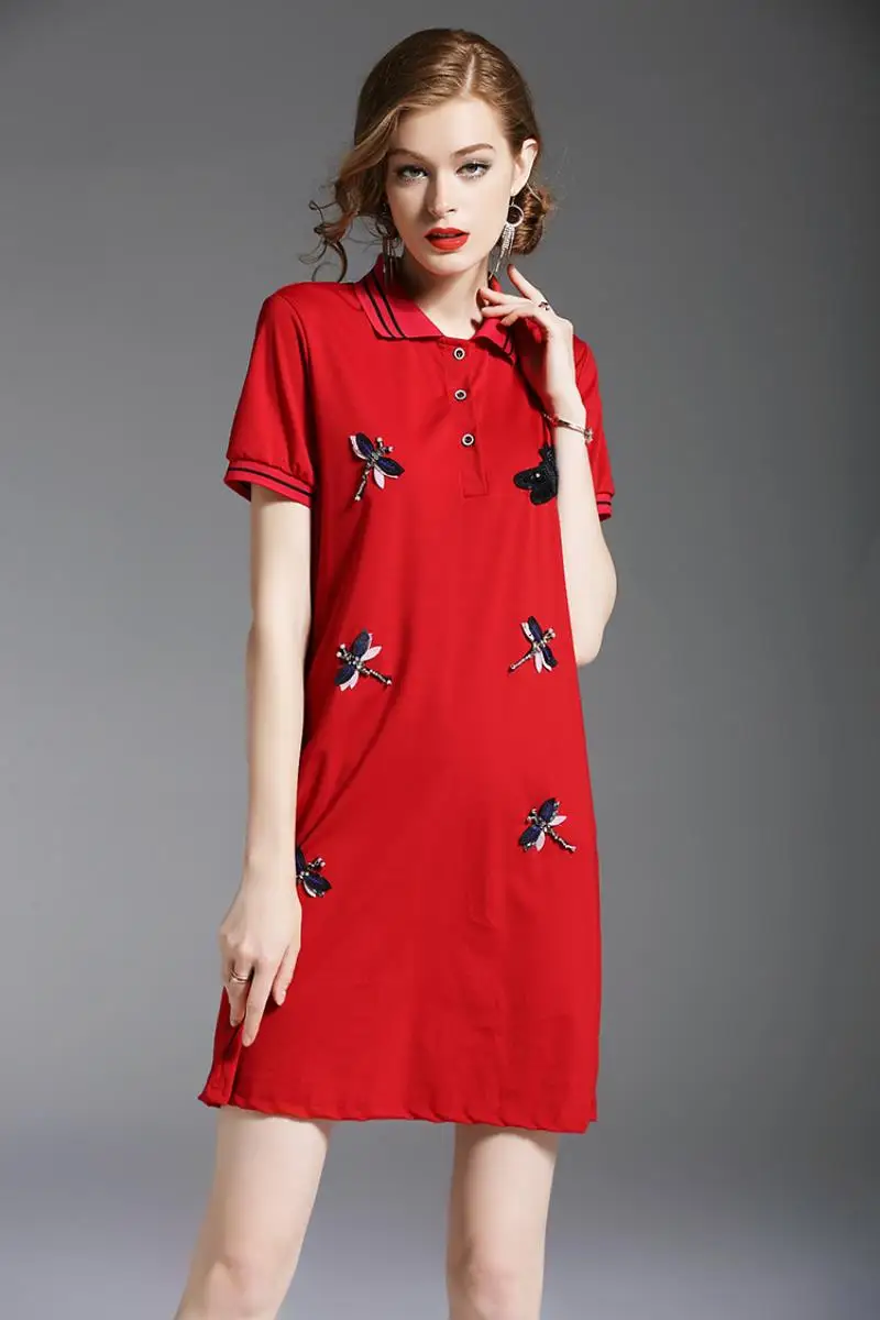 New Arrival 2018 Brand Clothing Summer Short Sleeved T-shirt Dress Women Embroidery Beading Casual White POLO Shirt Dress S-XXL